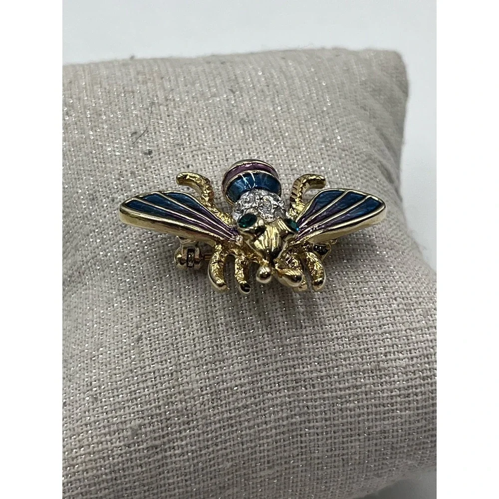 Bumble Bee Multicolor‎ Blue Purple Enamel Gold Tone Brooch